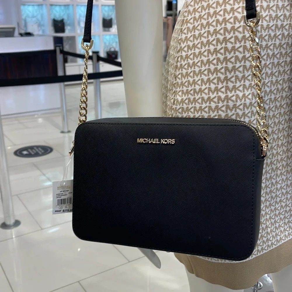 Michael Kors Jet Set Item Large East West Zip Crossbody Leather Black - Picture 1 of 16